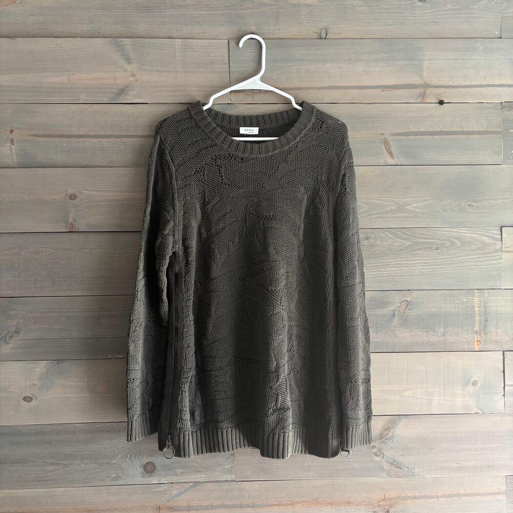 AKRIS PUNTO | Olive Green 100% Cotton Mixed Knit Sweater Tunic Side Zips Size 10